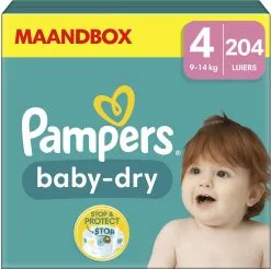 Pampers® Pampers Baby-Dry - Maat 4 (9kg - 14kg) - 204 Luiers - Maandbox -Pampers Katoenen luiers Verkoopwinkel 1200x1194 2