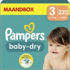 Pampers® Pampers Baby-Dry - Maat 3 (6kg - 10kg) - 222 Luiers - Maandbox -Pampers Katoenen luiers Verkoopwinkel 1200x1198 124