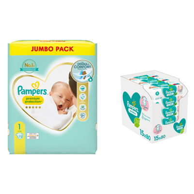 Pampers® Premium Protection Luiers Maat 1 En Billendoekjes Sensitive 15x80=1200 Doekjes Pakket 3 Pampers® Premium Protection Luiers Maat 1 En Billendoekjes Sensitive 15x80=1200 Doekjes Pakket