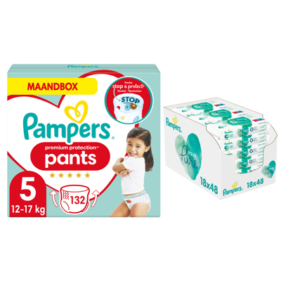 Pampers® Pampers Premium Protection Pants Maandbox Maat 5 132 Luierbroekjes En Aqua Pure 864 Billendoekjes Pakket 3 Pampers® Pampers Premium Protection Pants Maandbox Maat 5 132 Luierbroekjes En Aqua Pure 864 Billendoekjes Pakket