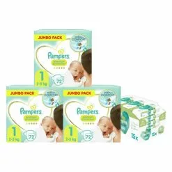 Pampers® Premium Protection Jumbo Pack Maat 1 2 5 Kg Maandbox 216 Stuks En Pampers Billendoekjes Harmonie Aqua 15x48 =720 Doekjes Pakket